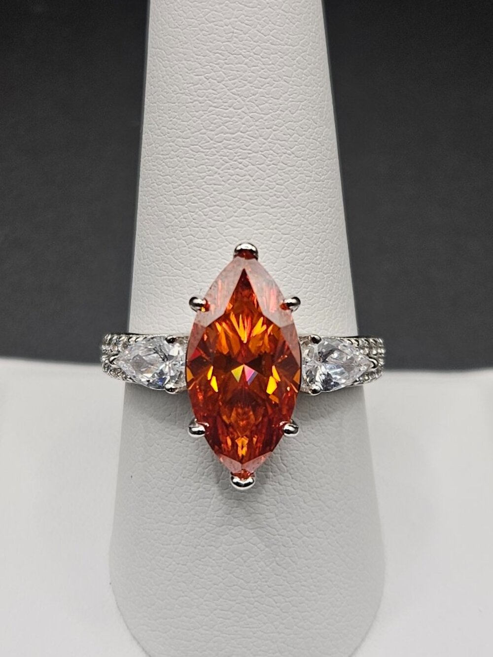 925 sterling silver orange marquise moissanite 7ctw ring size 9 3-stone pave